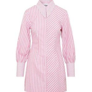 GANNI Stripe Cotton Long Collar Front Zip Mini Dress
